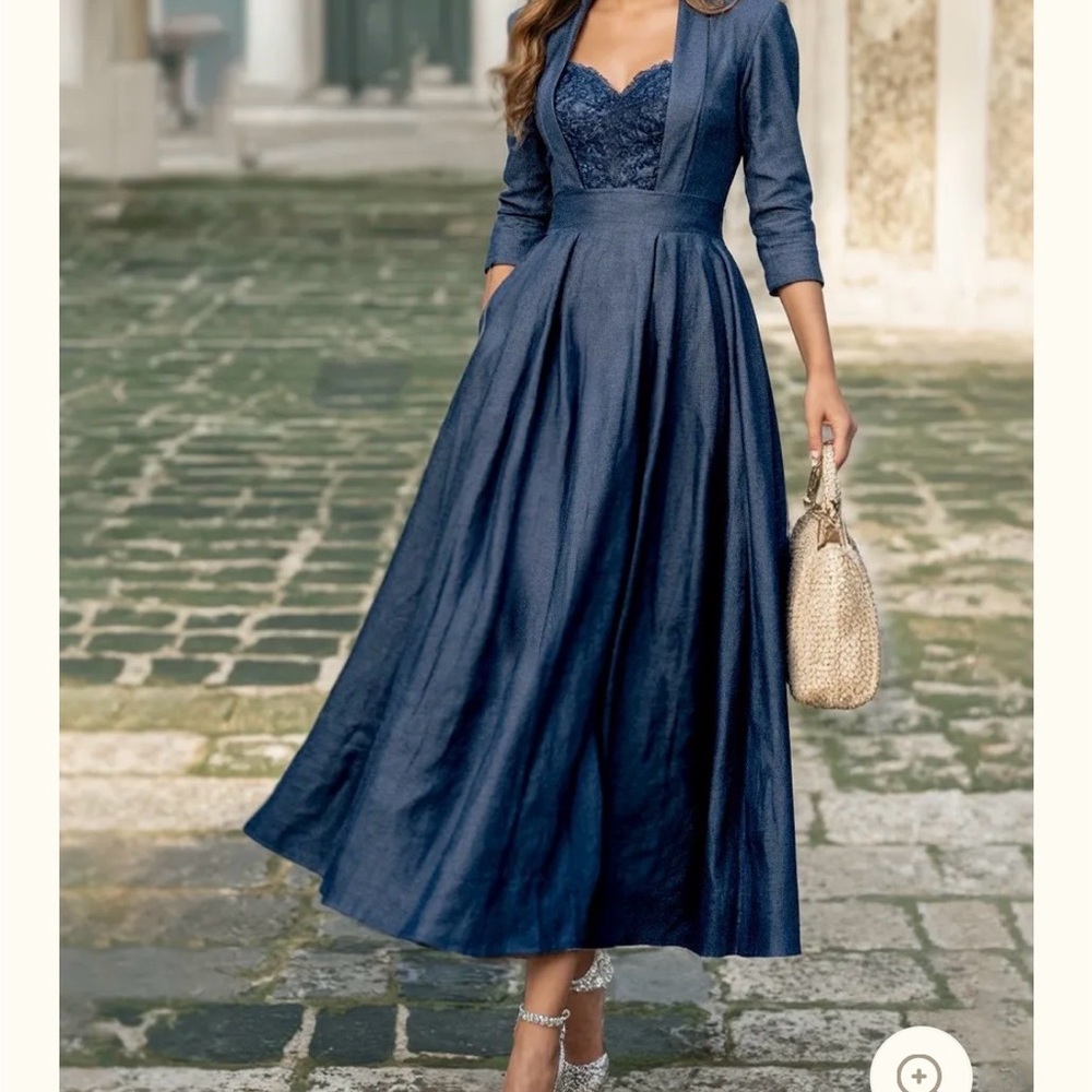 Maxi Linen Dress, Half Sleeve, Sweetheart Neck, Plain, Lace, Vintage, Denim Blue